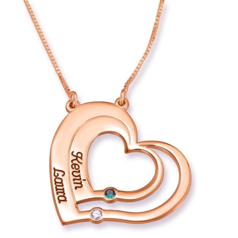 Gold Plated Up to Two Kids' Names Mom Double Heart Necklace with Birth