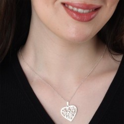 Silver Engraved Pomegranate Heart Necklace for Mom (Hebrew / English)
