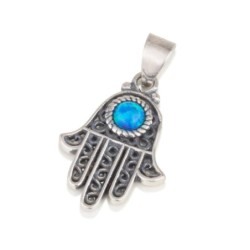 Ornate Sterling Silver Hamsa Pendant Necklace With Opal Stone