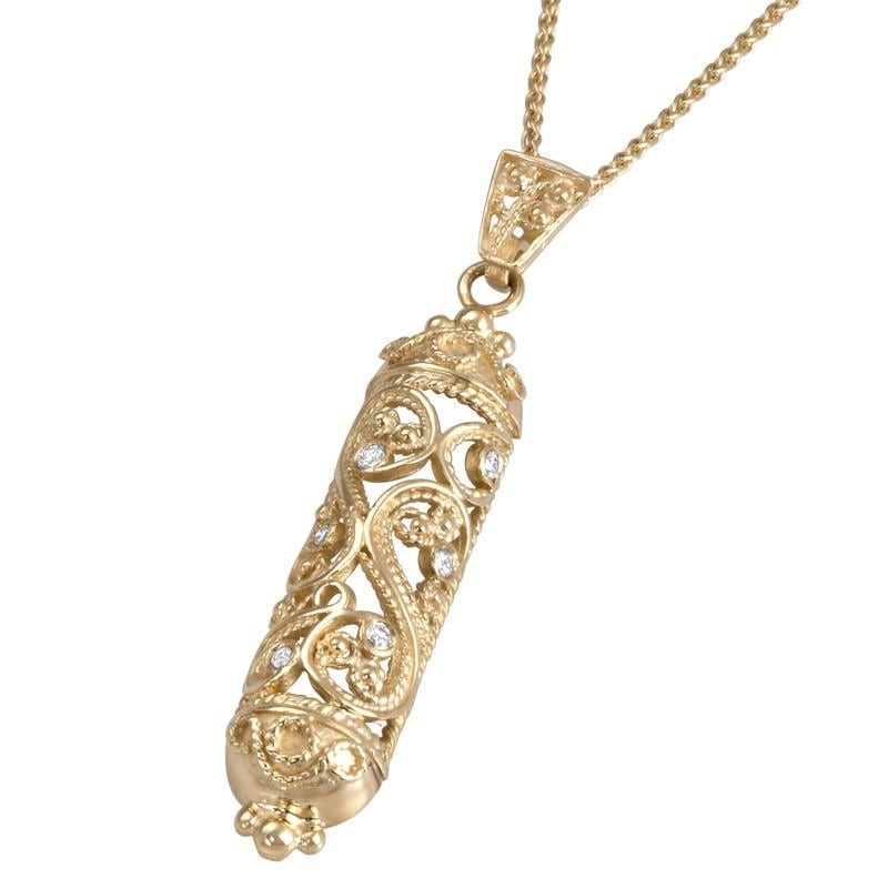 Pendentif Mezouza en or jaune 14 carats avec diamants