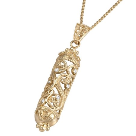 Pendentif Mezouza en or jaune 14 carats avec diamants