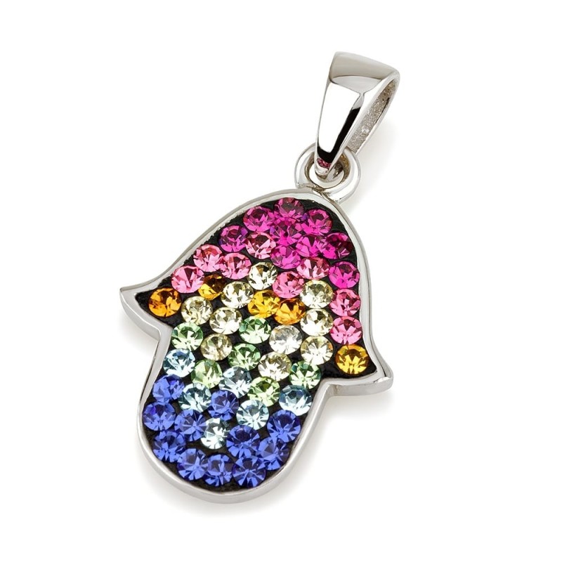 Colored Sterling Silver Hamsa Pendant Necklace with Jerusalem Design