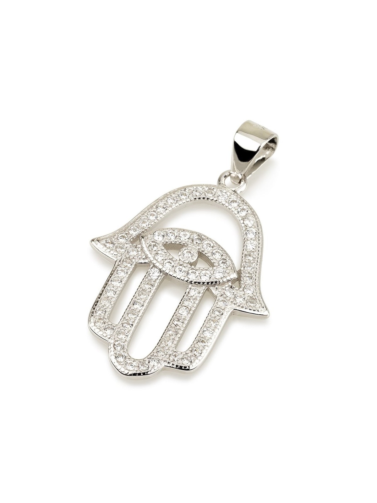 Sterling Silver and Zircon Stone Hamsa Pendant Necklace With Evil Eye