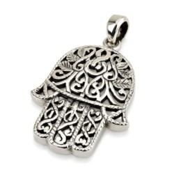 Grand collier pendentif Hamsa en argent sterling avec un design orné