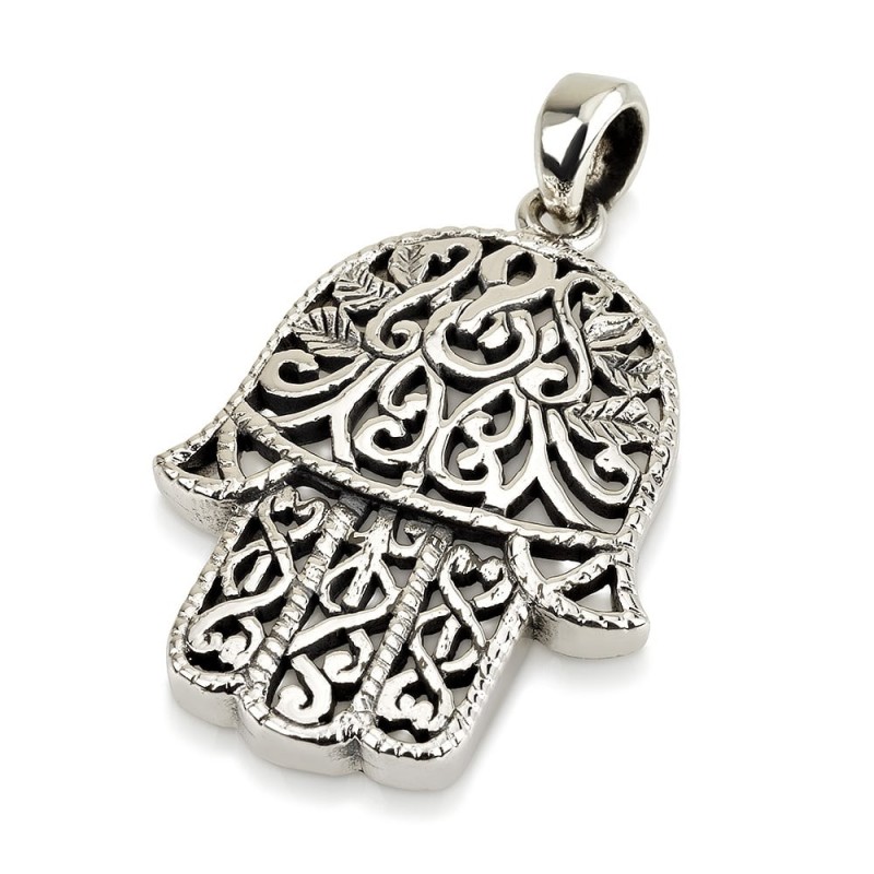 Large Sterling Silver Hamsa Pendant Necklace With Ornate Design