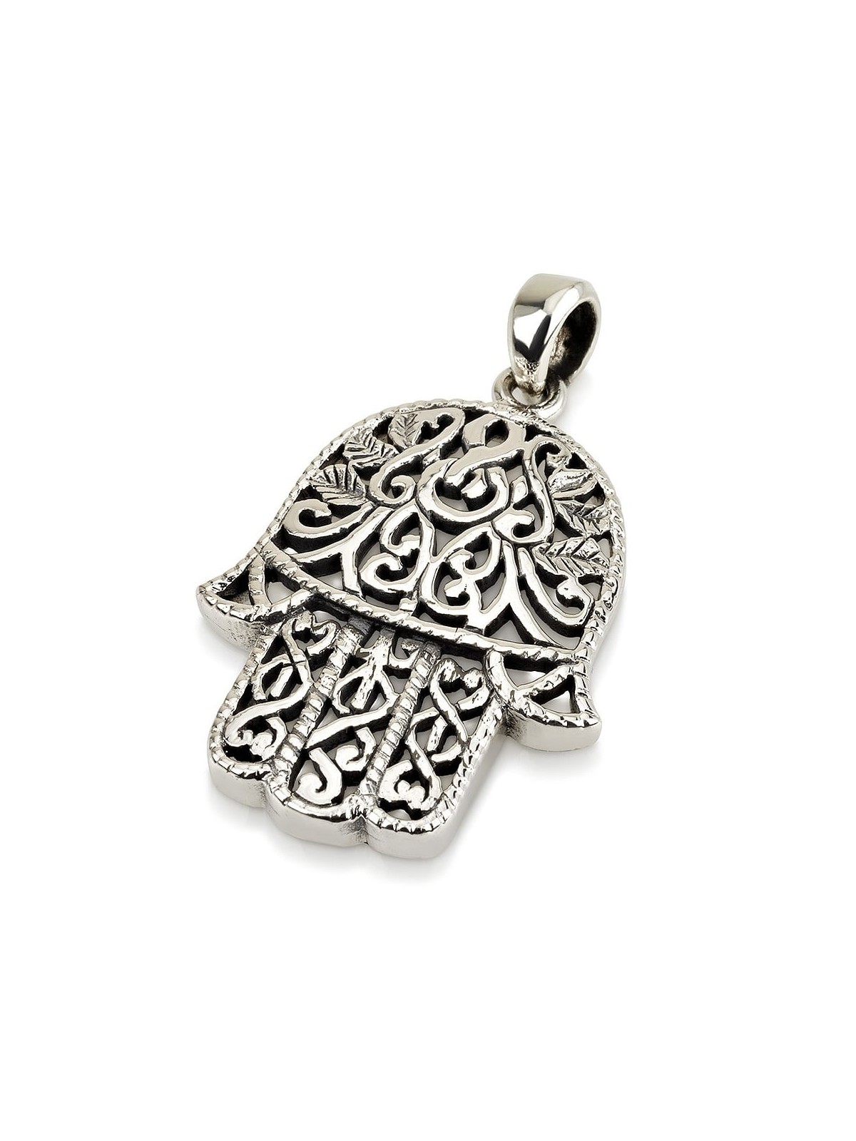 Large Sterling Silver Hamsa Pendant Necklace With Ornate Design