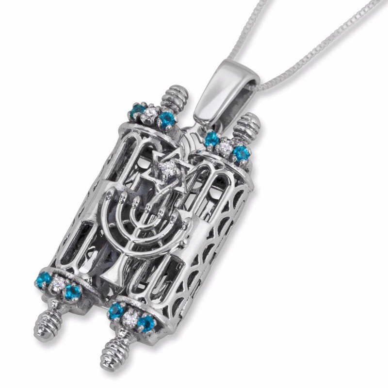 Pendentif rouleau de Torah en argent avec étoile de David et dix commandements