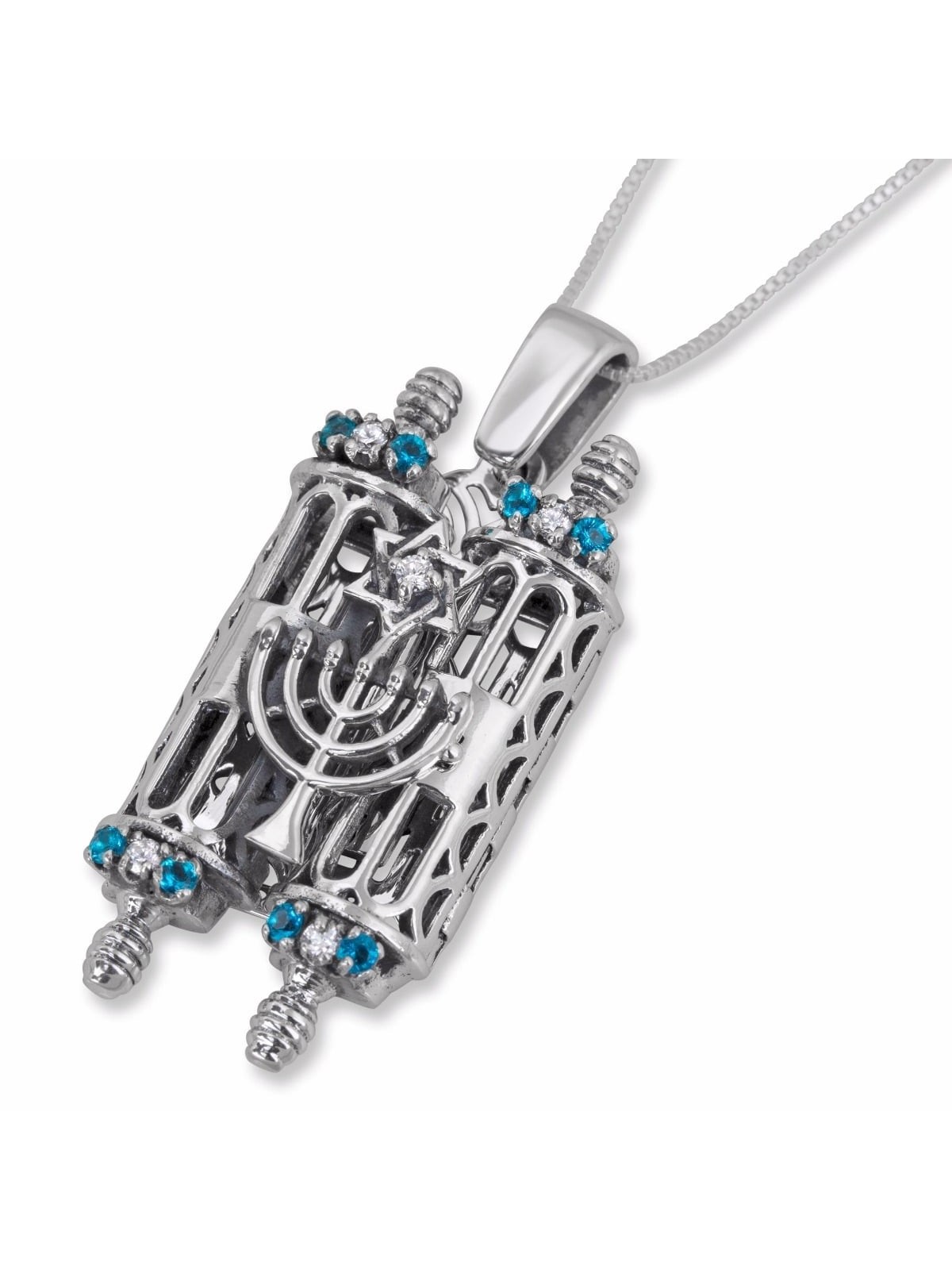 Pendentif rouleau de Torah en argent avec étoile de David et dix commandements