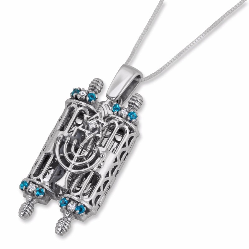 Silver Torah Scroll Pendant with Star of David and Ten Commandments
