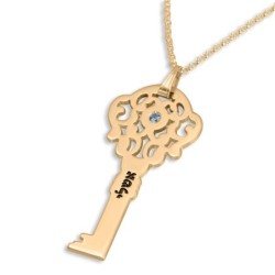 Collier Clé Plaqué Or avec Nom et Pierre de Naissance Swarovski