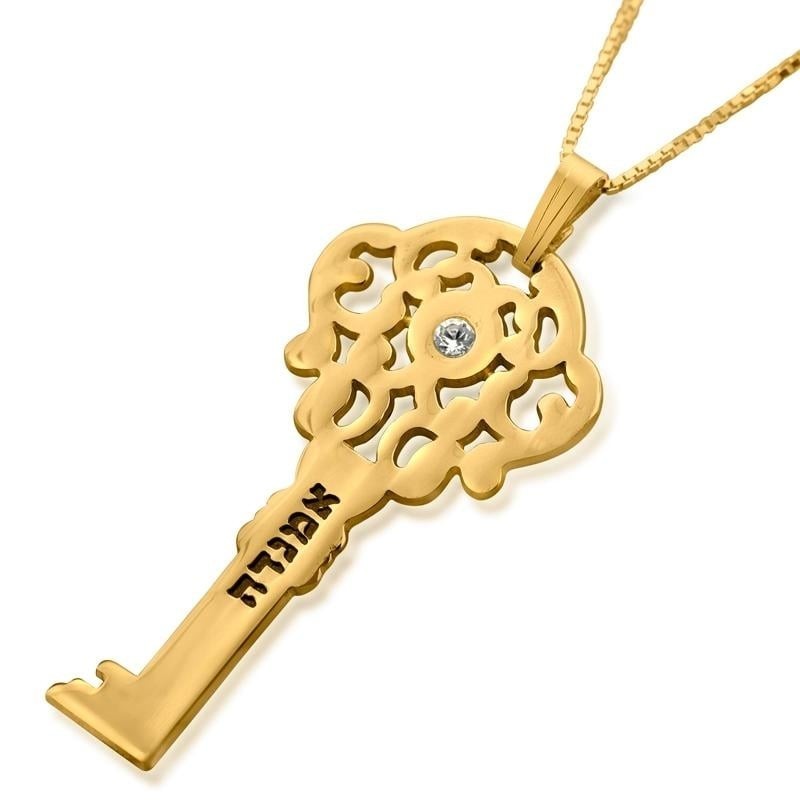 Collier Clé Plaqué Or avec Nom et Pierre de Naissance Swarovski
