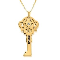 Gold Plated Key Necklace with Name and Swarovski Birthstone