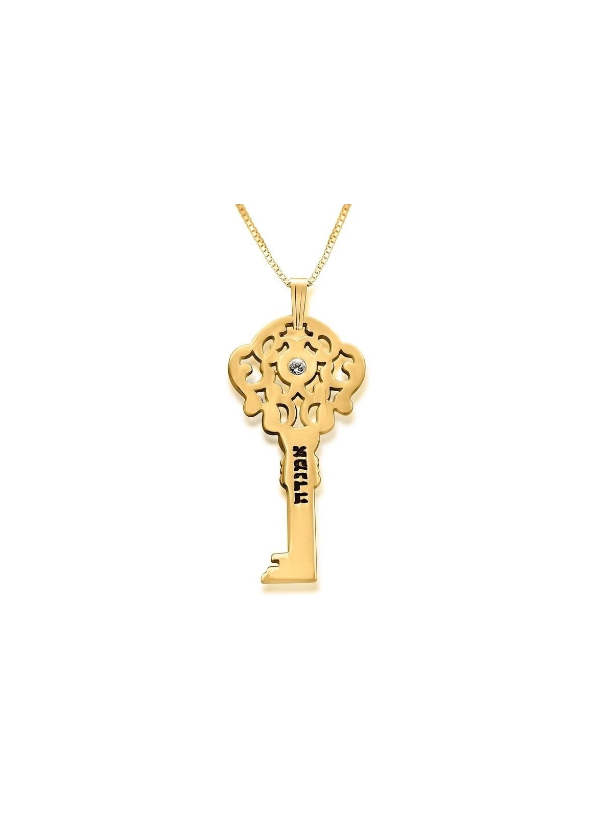 Collier Clé Plaqué Or avec Nom et Pierre de Naissance Swarovski