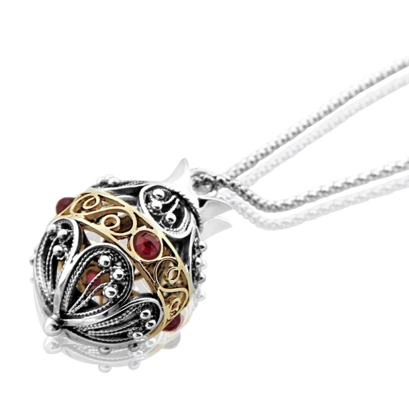 Silver and Gold Pomegranate Necklace with Garnet Stones