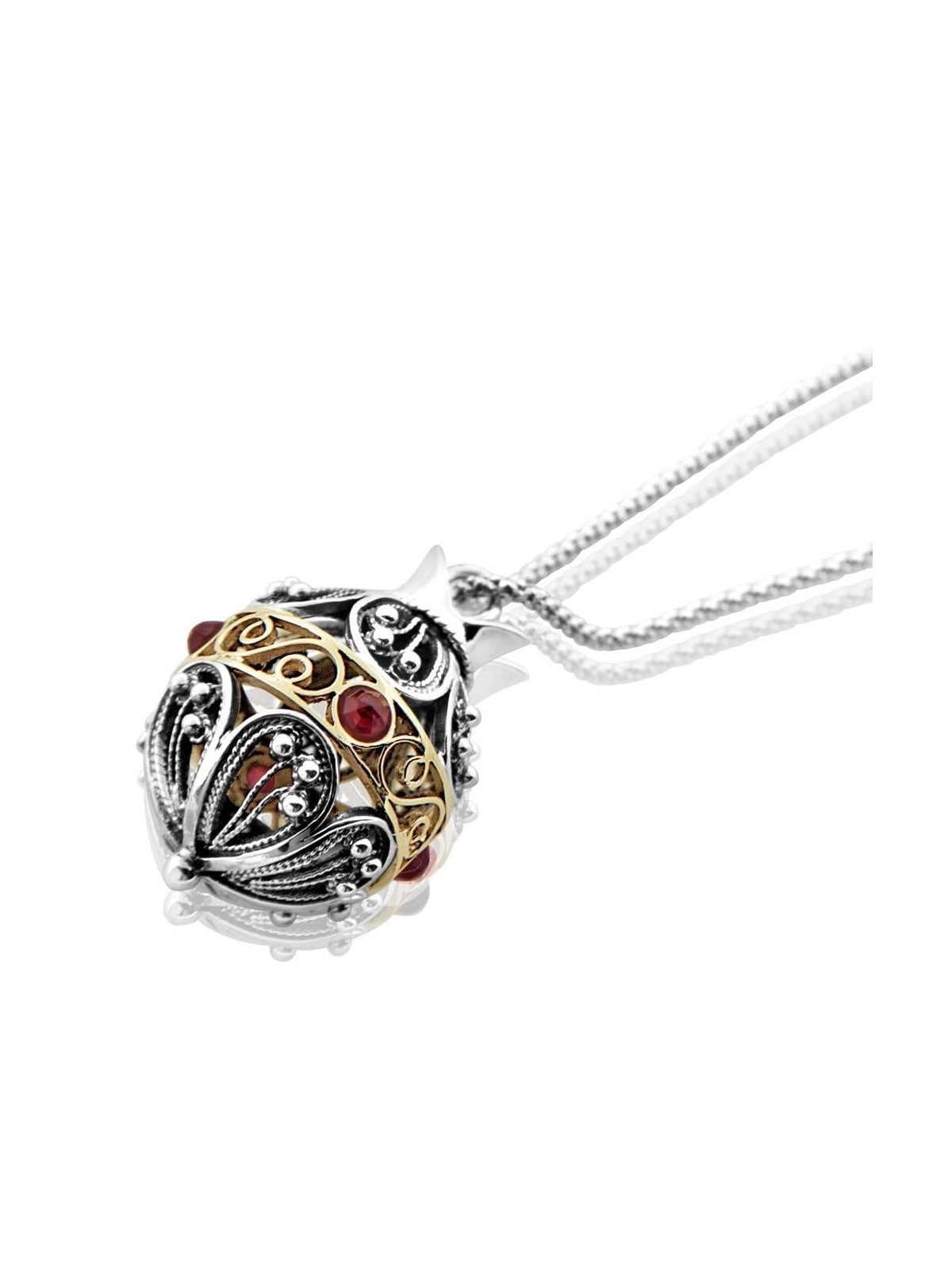 Silver and Gold Pomegranate Necklace with Garnet Stones