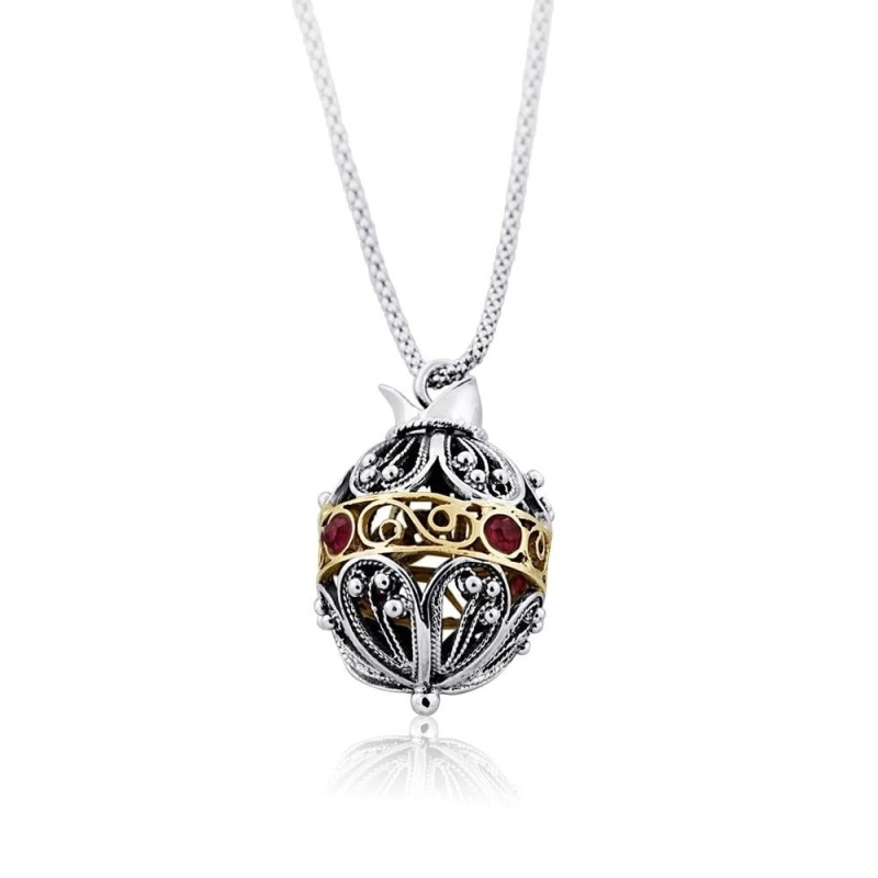 Silver and Gold Pomegranate Necklace with Garnet Stones