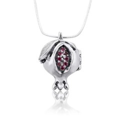 Silver Pomegranate Necklace with Red Gemstones - Shema Yisrael