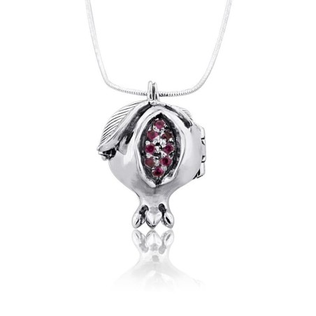 Silver Pomegranate Necklace with Red Gemstones - Shema Yisrael
