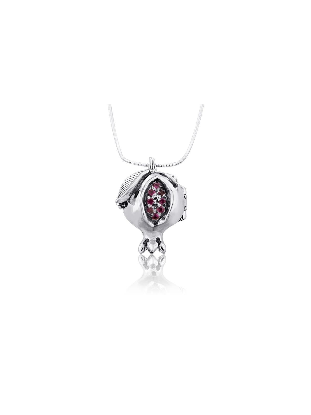 Silver Pomegranate Necklace with Red Gemstones - Shema Yisrael