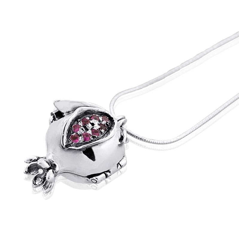 Silver Pomegranate Necklace with Red Gemstones - Shema Yisrael