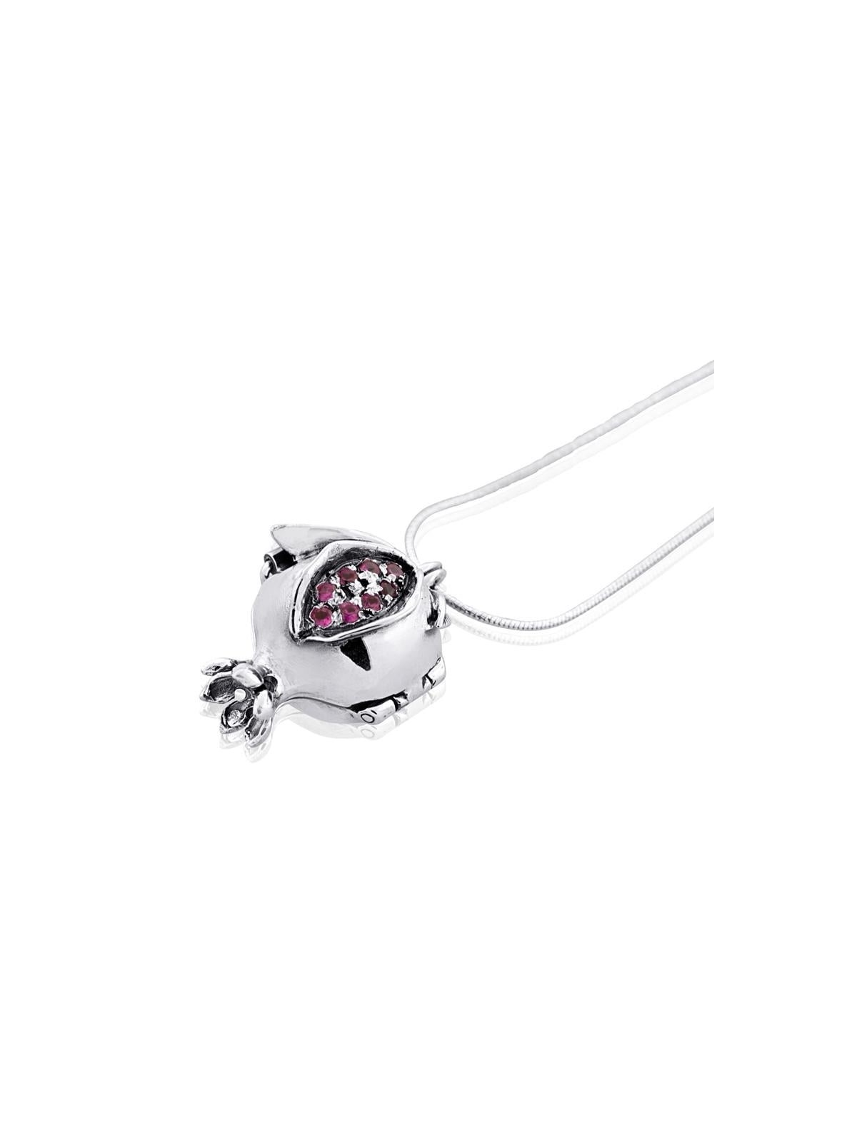 Collier Grenade en Argent avec Pierres Précieuses Rouges - Shema Yisrael