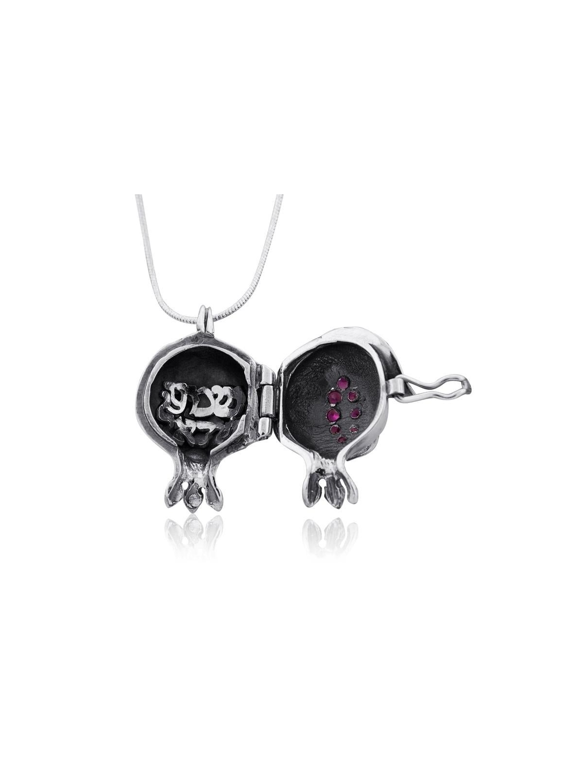 Collier Grenade en Argent avec Pierres Précieuses Rouges - Shema Yisrael