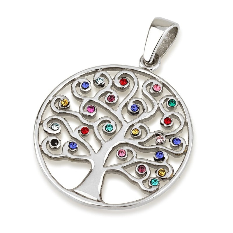 Sterling Silver Circular Tree of Life Pendant with Zircon Stones (Choi