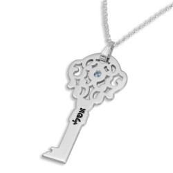 Collier clé en argent avec nom et pierre de naissance Swarovski