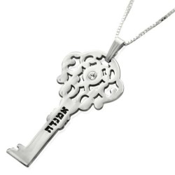 Silver Key Necklace with Name and Swarovski Birthstone