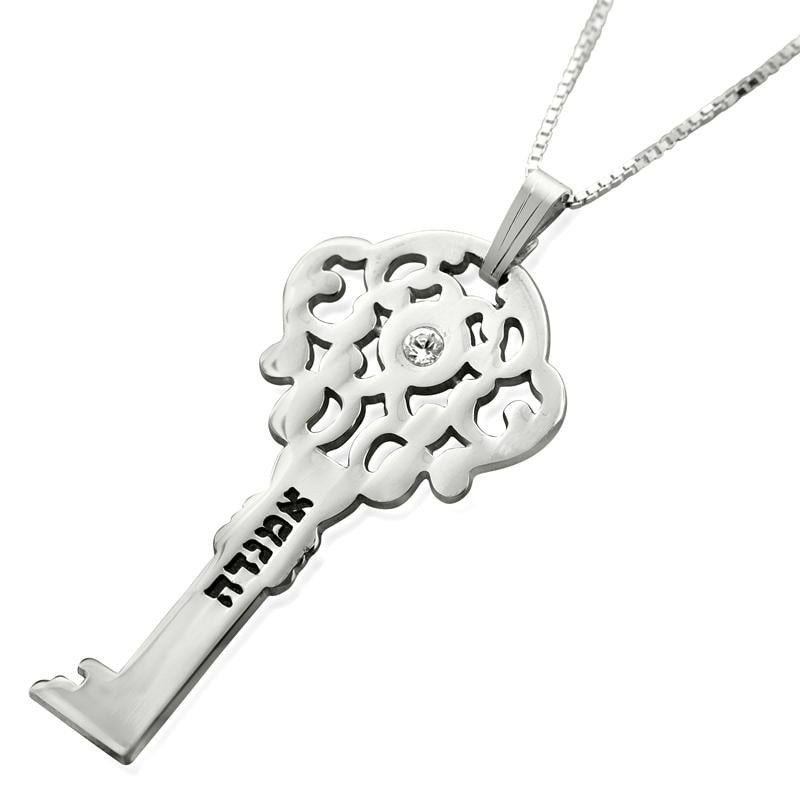 Silver Key Necklace with Name and Swarovski Birthstone