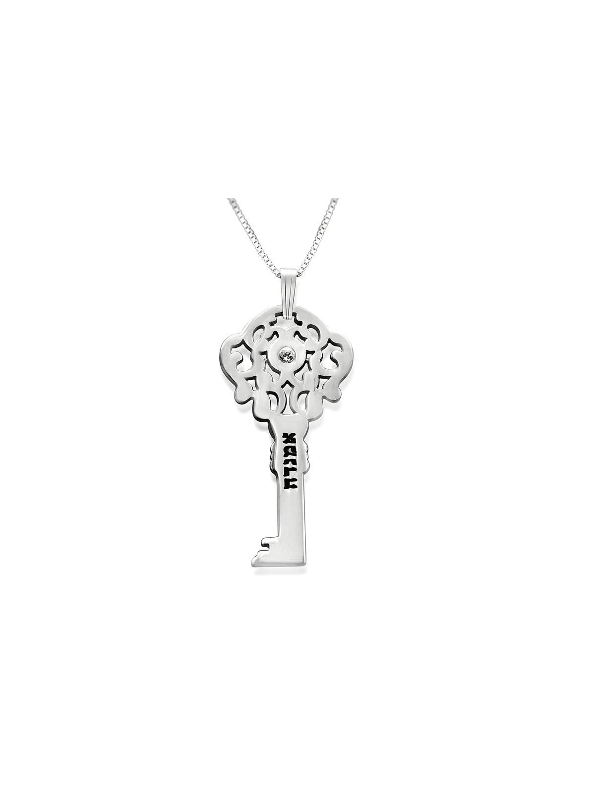 Silver Key Necklace with Name and Swarovski Birthstone