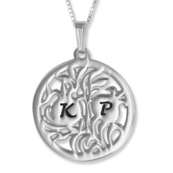 Silver Pomegranate Disc Necklace with Initials (Hebrew / English)