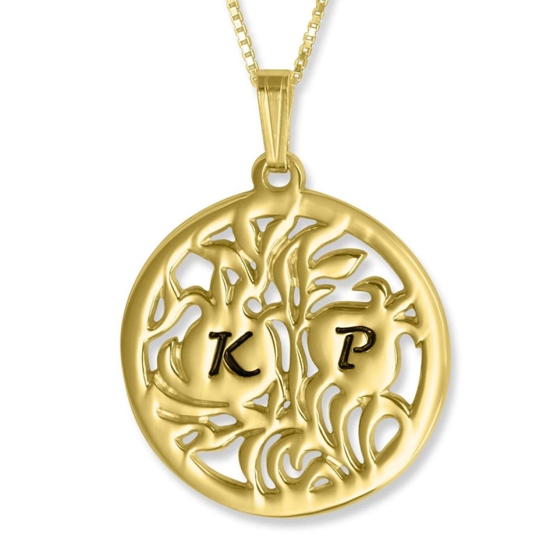 Silver Pomegranate Disc Necklace with Initials (Hebrew / English)