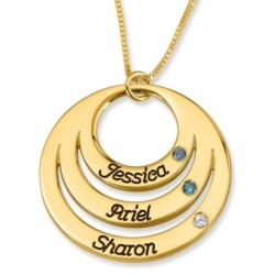 Gold Plated Open Disk Mom Necklace with Birthstones - Hebrew / English