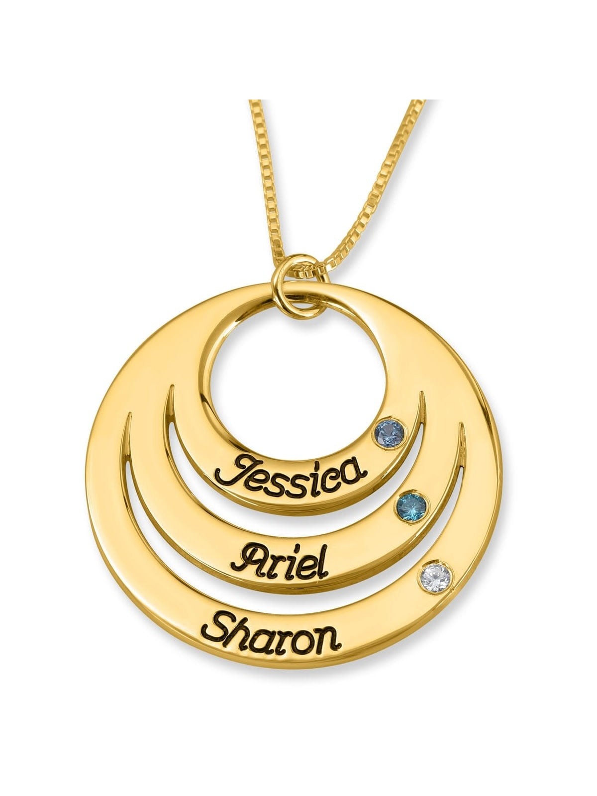 Gold Plated Open Disk Mom Necklace with Birthstones - Hebrew / English