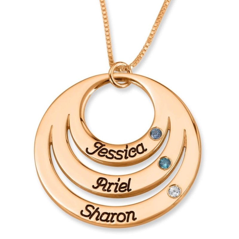 Collier Maman Disque Ouvert Plaqué Or avec Pierres de Naissance - Hébreu / Anglais