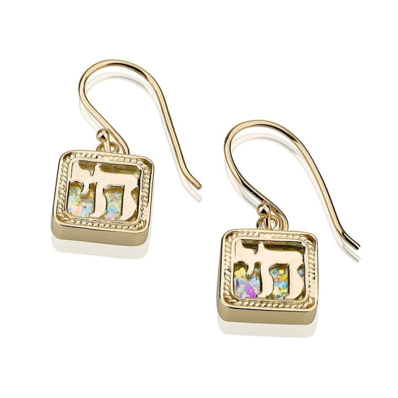 14K Gold and Roman Glass Chai Earrings