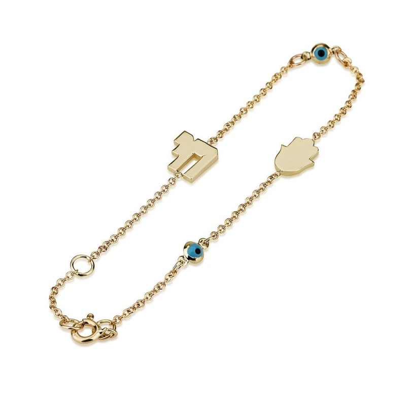 14K Yellow Gold Bracelet with Evil Eyes, Hamsa and Chai Pendants