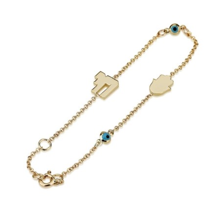 Bracelet en or jaune 14 carats avec pendentifs mauvais yeux, Hamsa et Chai