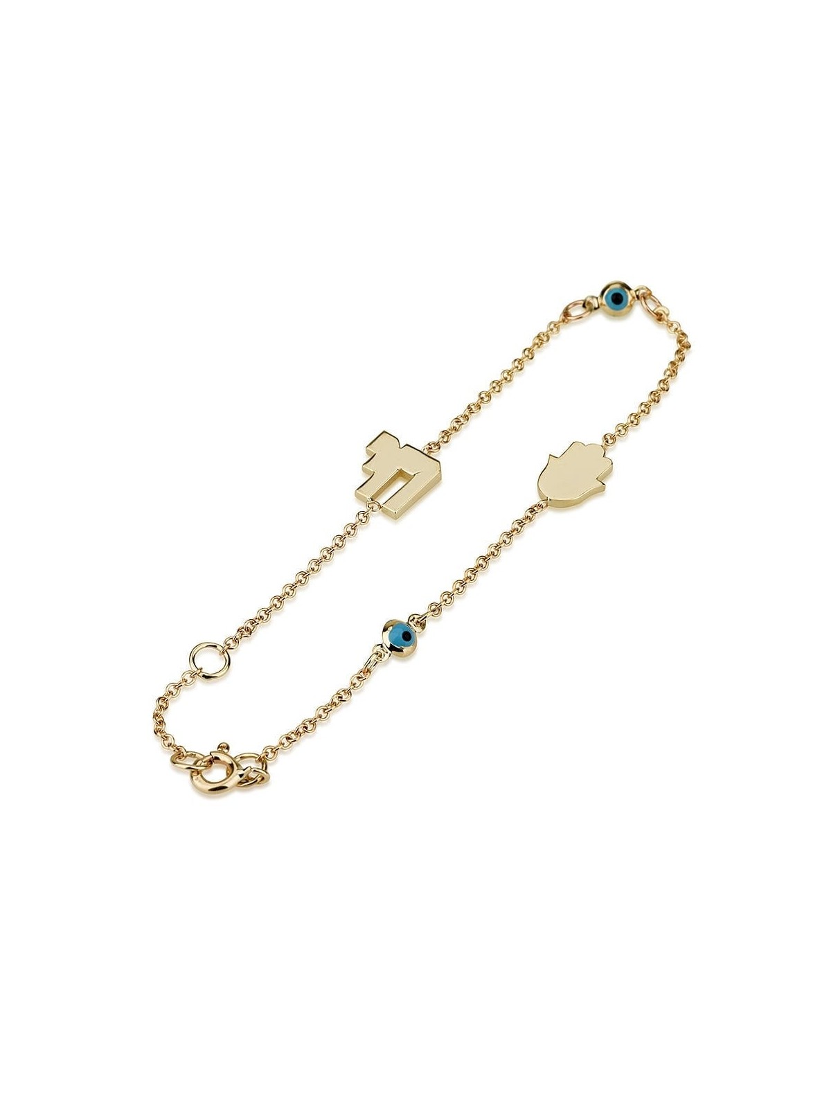 Bracelet en or jaune 14 carats avec pendentifs mauvais yeux, Hamsa et Chai
