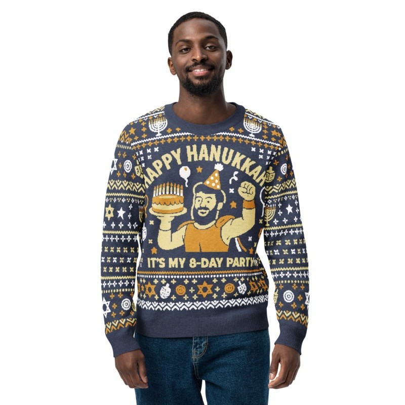 Happy Hanukkah Ugly Sweater - Funny 8-Day Festival Party Design - Blue