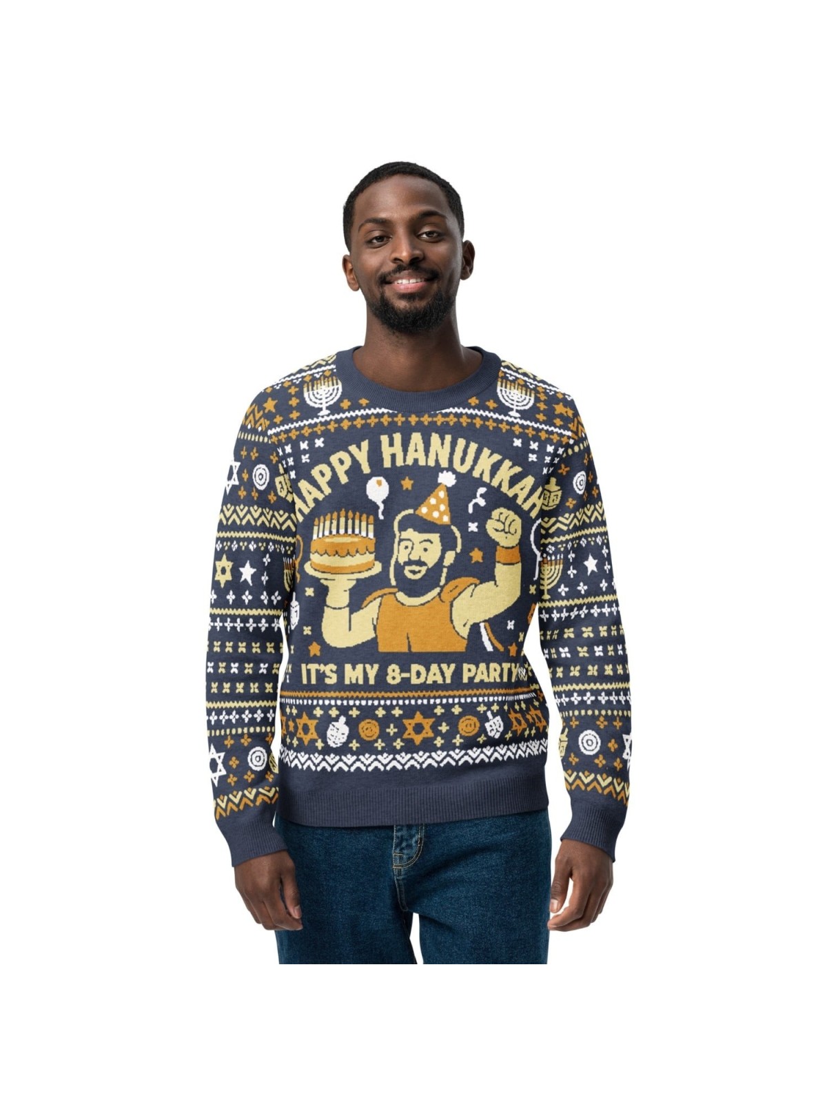 Happy Hanukkah Ugly Sweater - Funny 8-Day Festival Party Design - Blue