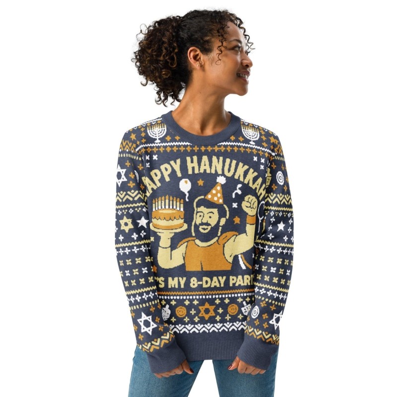 Happy Hanukkah Ugly Sweater - Funny 8-Day Festival Party Design - Blue