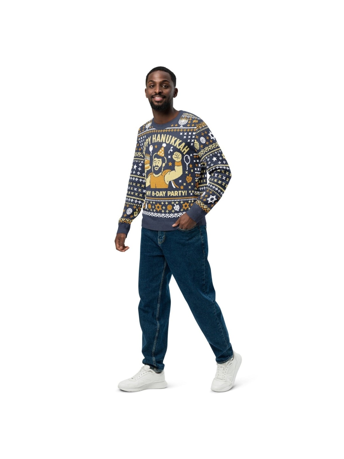 Happy Hanukkah Ugly Sweater - Funny 8-Day Festival Party Design - Blue