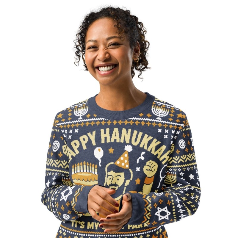 Happy Hanukkah Ugly Sweater - Funny 8-Day Festival Party Design - Blue