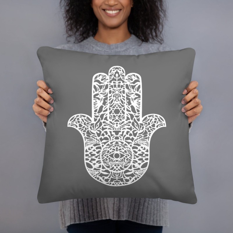 Ornate Hamsa Design with Jewish Symbols Pillow