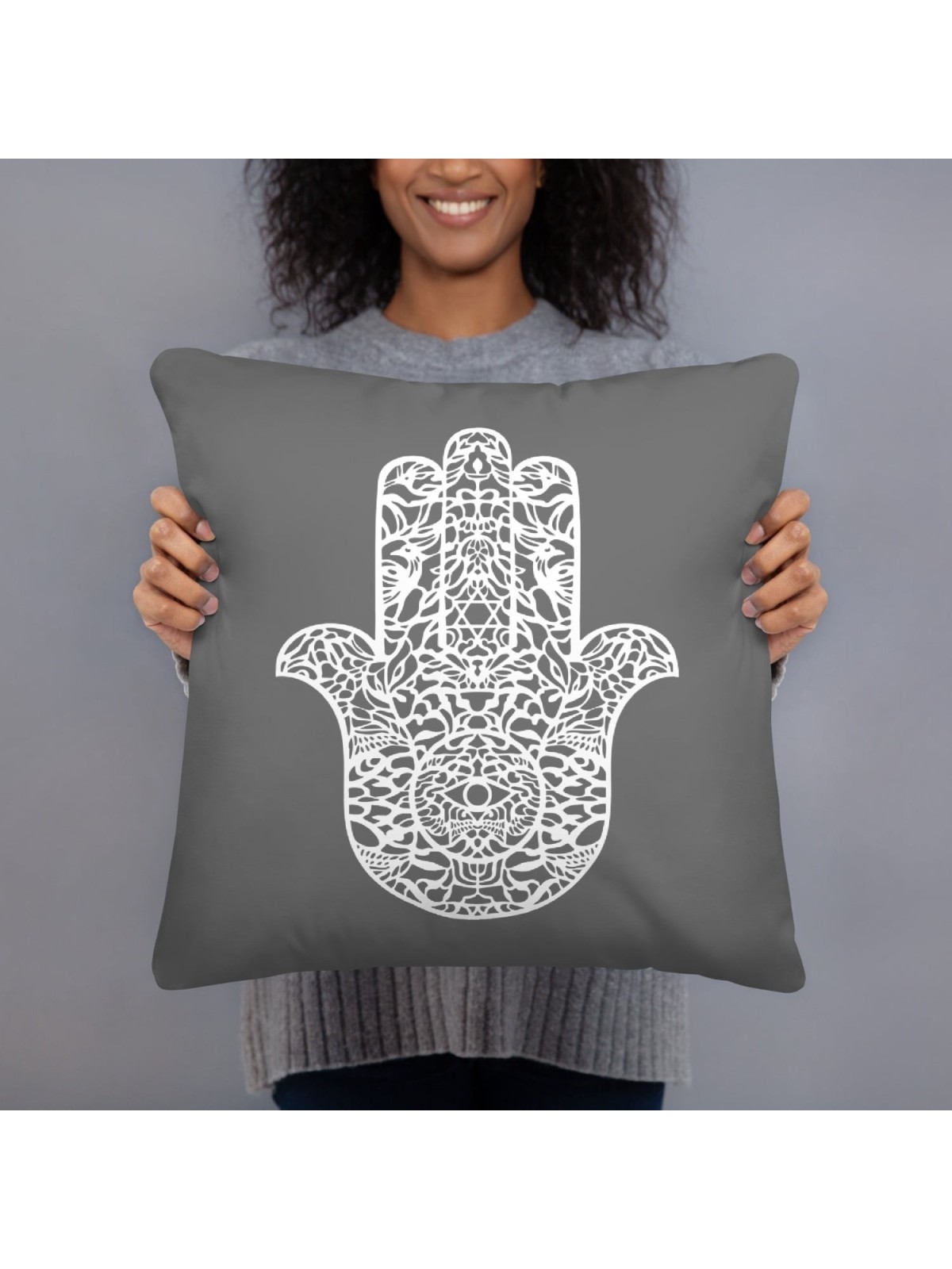 Ornate Hamsa Design with Jewish Symbols Pillow