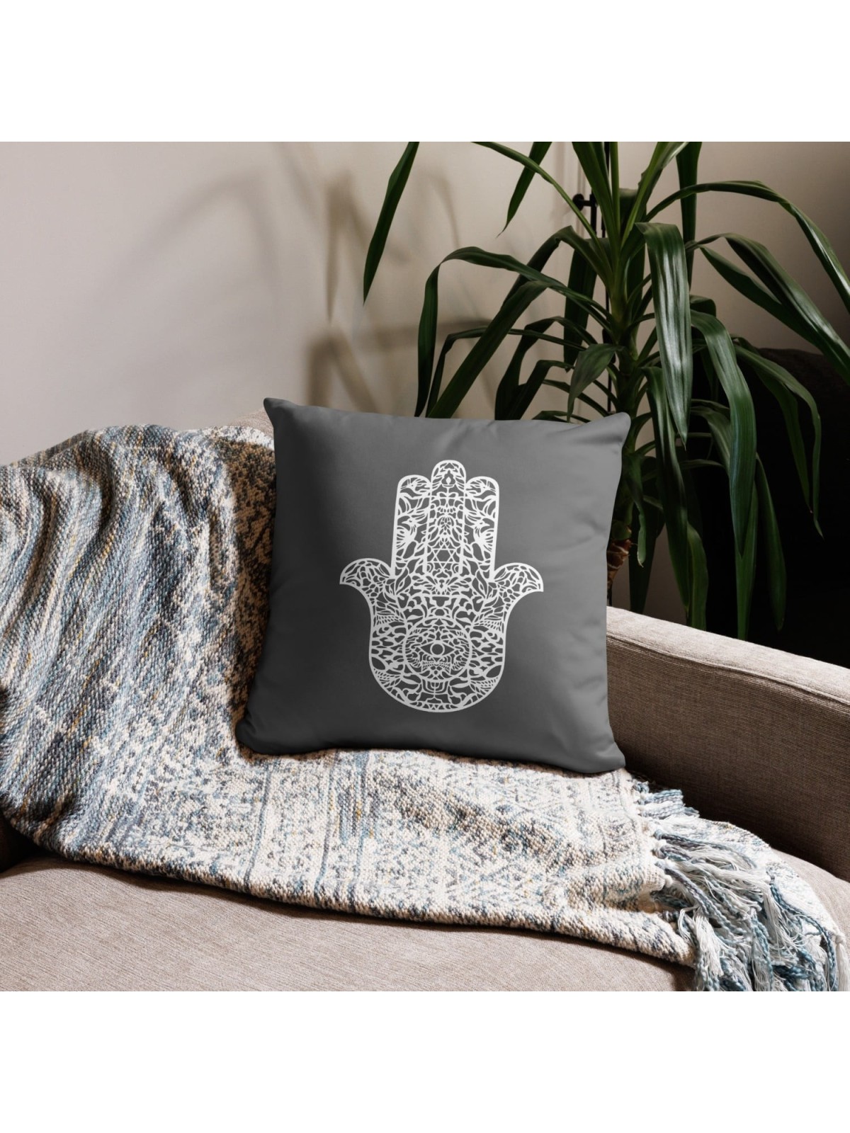 Ornate Hamsa Design with Jewish Symbols Pillow