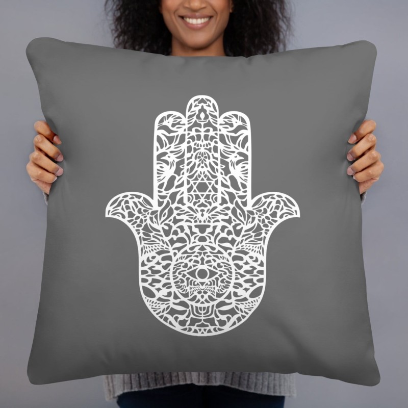 Ornate Hamsa Design with Jewish Symbols Pillow