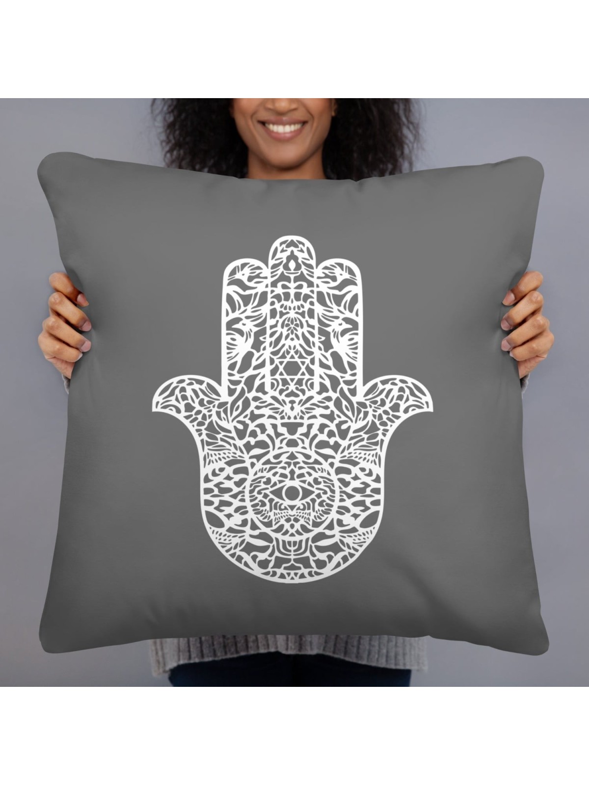 Ornate Hamsa Design with Jewish Symbols Pillow